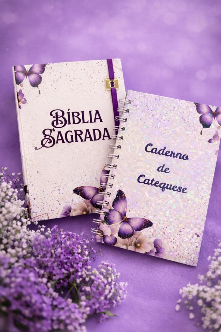 Bíblia Sagrada e Caderno de Catequese personalizados com tema borboletas